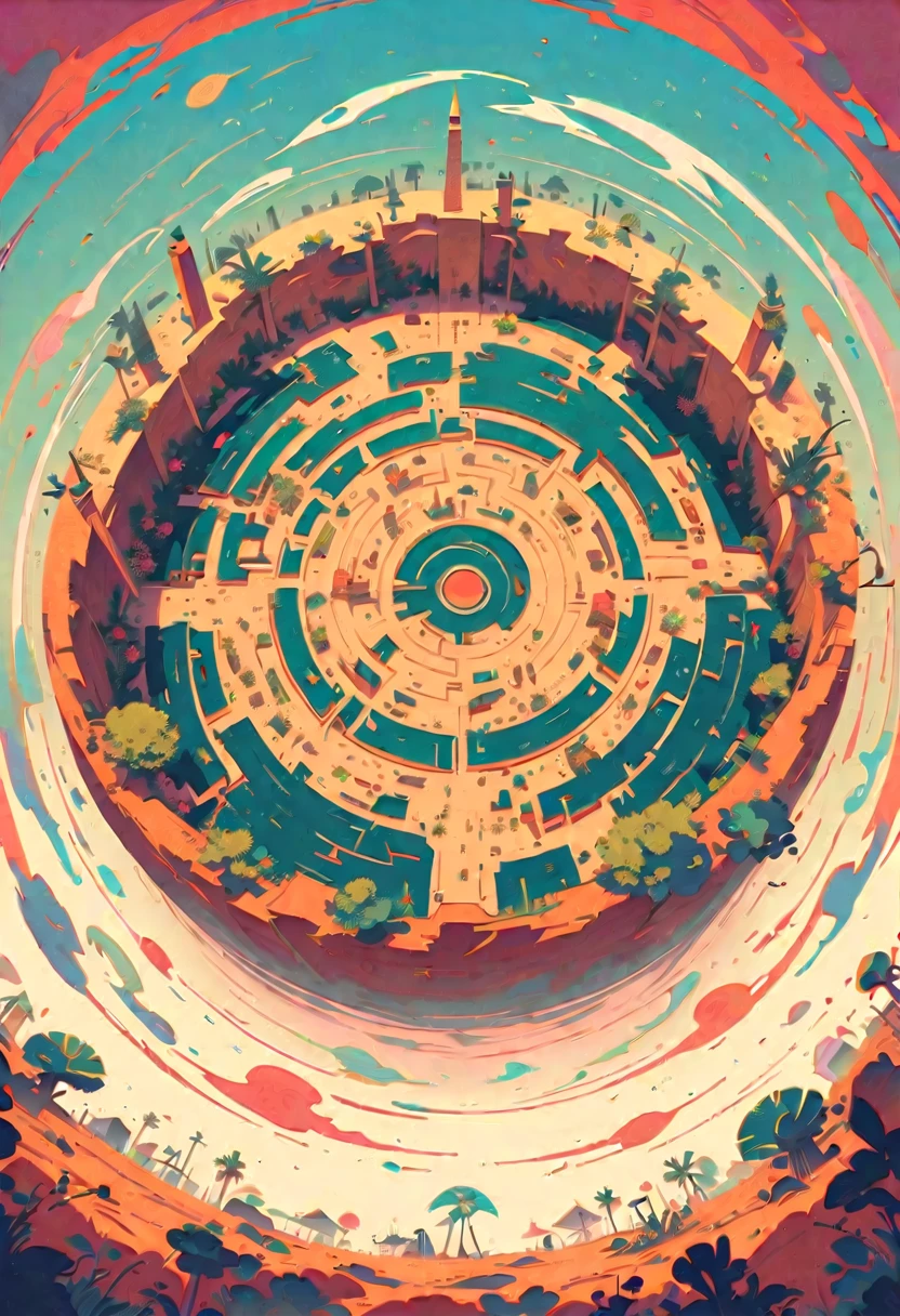 style 9, Post-apocalyptic scenario, a labyrinth seen as a desert. above in the form of a huge circle with a clearing in the center with old tents