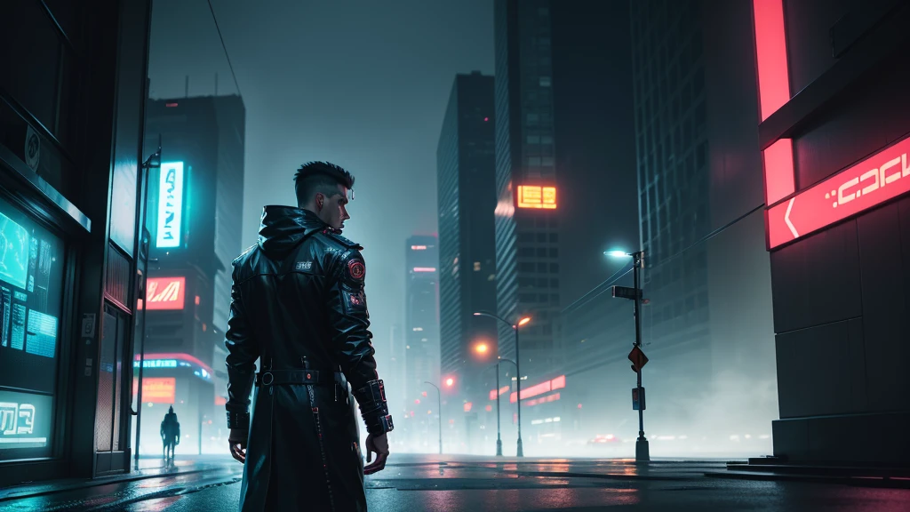 cyberpunk city, man with back turned, night, neon lights, futuristic architecture, cyberpunk aesthetic, moody lighting, atmospheric, dramatic, high contrast, cinematic, volumetric fog, (best quality,4k,8k,highres,masterpiece:1.2),ultra-detailed,(realistic,photorealistic,photo-realistic:1.37),intricate details,cinematic lighting,dramatic shadows,glowing neon signs,rainy streets,advanced technology,advanced city,highly detailed man,dramatic pose,intense colors,moody atmosphere