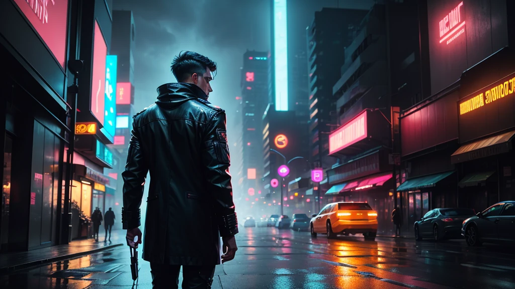 cyberpunk city, man with back turned, night, neon lights, futuristic architecture, cyberpunk aesthetic, moody lighting, atmospheric, dramatic, high contrast, cinematic, volumetric fog, (best quality,4k,8k,highres,masterpiece:1.2),ultra-detailed,(realistic,photorealistic,photo-realistic:1.37),intricate details,cinematic lighting,dramatic shadows,glowing neon signs,rainy streets,advanced technology,advanced city,highly detailed man,dramatic pose,intense colors,moody atmosphere