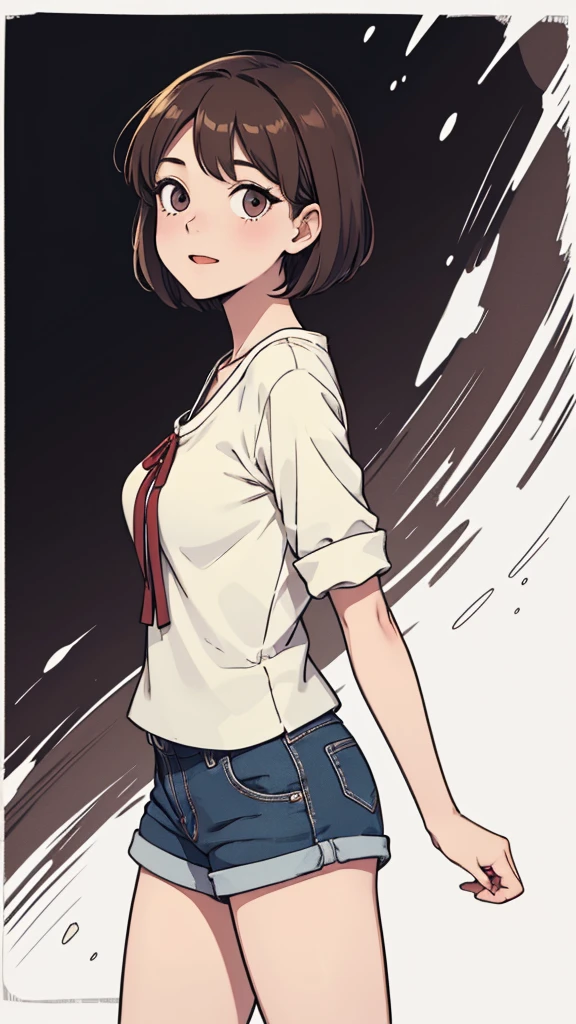 (((masterpiece, best quality, ultra highres, 1 girl, solo, no background))), super detailed skin and face and eyes and finger, beautiful japanese woman, small breasts:1.5, skinny, light brown hair, white background, very short pixie hair, Knee shot, Generate with illustrations, Various expressions, Various poses, Please draw the entire character within the frame, ensuring that the head, arms, and legs are not cut off. The background should be simple, with the character positioned centrally, outline, flat anime, 2d, laugh, boyish, camisole, shorts,