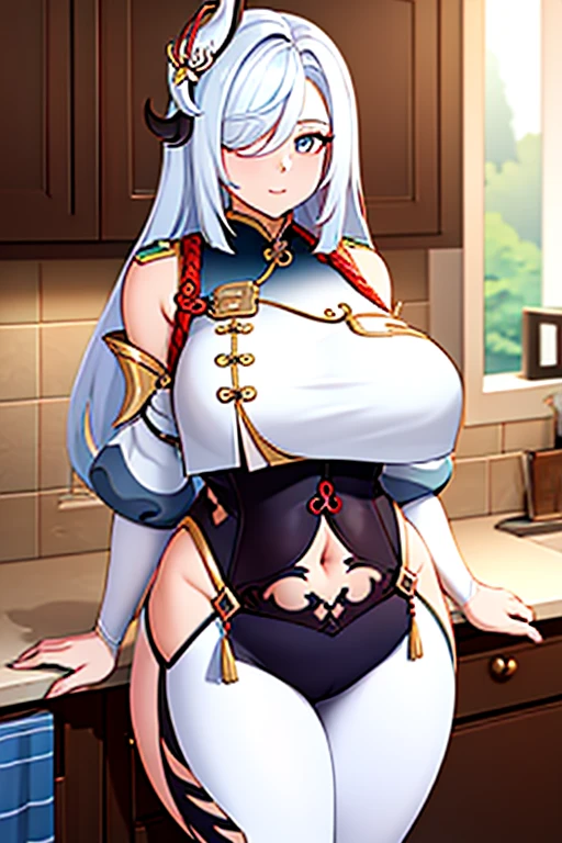 Super-detailed, 8k HD, Shenhe (Genshin Impact), 1 girl, solo, long white hair, detailed hand and face, busty body, curvy body, big breast, large butt, thick thighs, small waist, tight clothes, standing at the kitchen counter