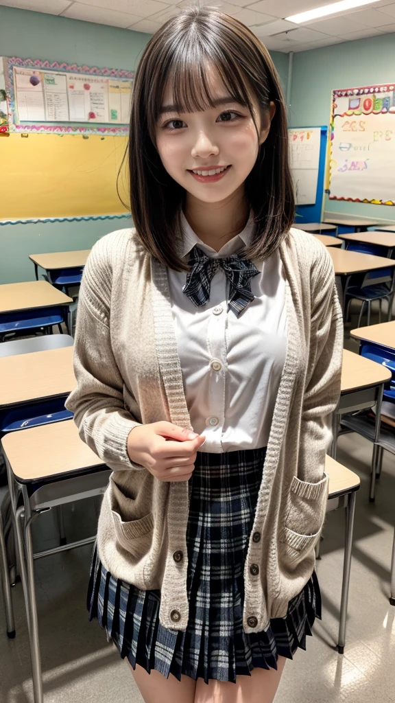((Highest quality、RAW Photos、、Best image quality))、(high school girl:1.5)、((Uniform white shirt、Ribbon on chest、Checkered Pleated Skirt))、The happiest smile、The best smile、Smiling with teeth showing、Look at me、(Bob)、The background is a school classroom、lipstick、Perfect Makeup、Accentuate your body lines、Cleavage、(Accurate anatomy:1.3)、(Perfect Hair:1.2)、(exact cardigan:1.3)