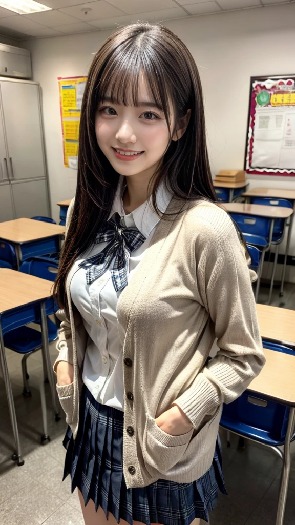 ((Highest quality、RAW Photos、、Best image quality))、(high school girl:1.5)、((Uniform white shirt、Ribbon on chest、Checkered Pleated Skirt))、The happiest smile、The best smile、Smiling with teeth showing、Look at me、(Bob)、The background is a school classroom、lipstick、Perfect Makeup、Accentuate your body lines、Cleavage、(Accurate anatomy:1.3)、(Perfect Hair:1.2)、(exact cardigan:1.3)