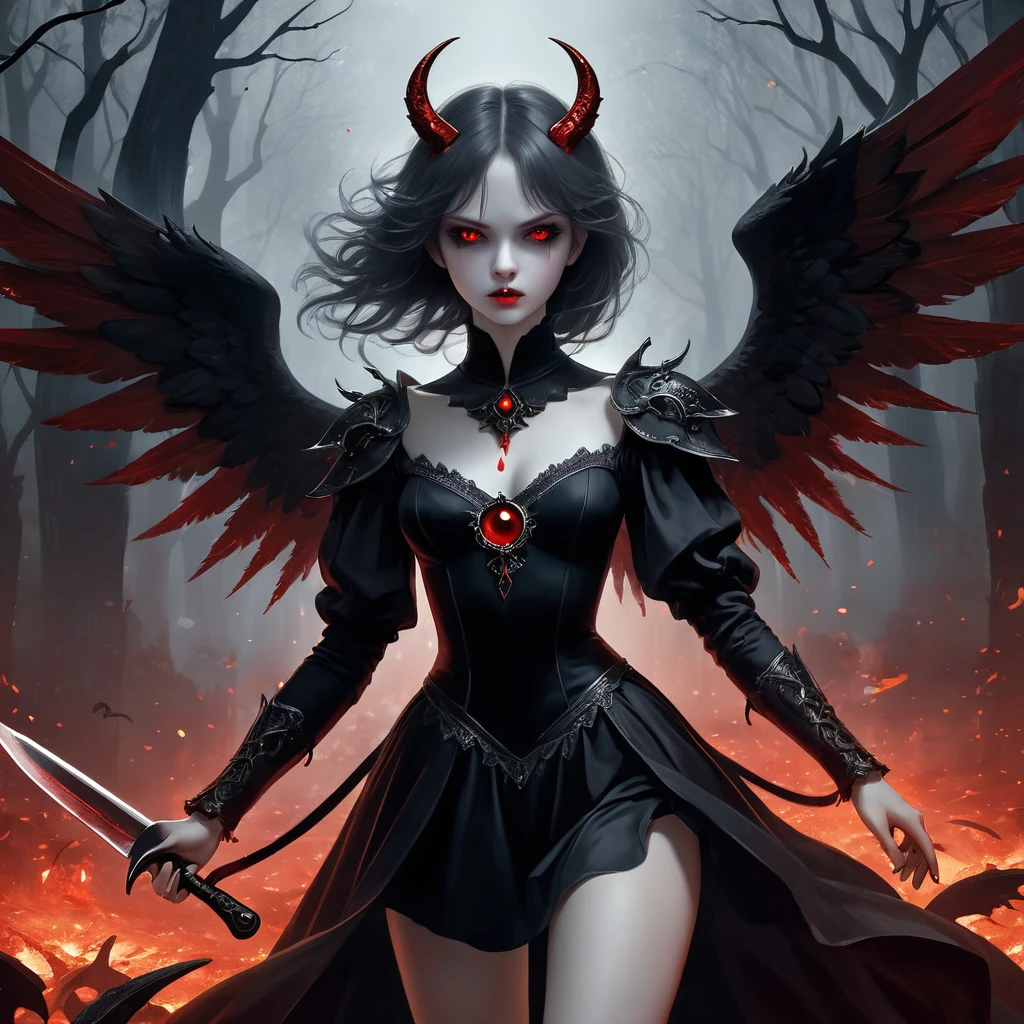 ((Very nice humanoid character young girl)), ((with red eyes of horror)), She is creepy, She is super beautiful, ((Impact meaning - very angry_sexy)), holding a kitchen knife, She is thin, evokes fear, horror, dark, unusually subtle, subtle. Blue fog, evil eye, Glowing eyes, (She is wearing a black ballet dress, short torn.), Located in a park, autumn weather, Cold, Night time, She is in the air, floating, covered in blood, floating, above the ground, 1600s years 02_ Environment in the style of oil painting Art Nouveau, Italian Renaissance masters. A gloomy picture of a battle between an angel warrior and demonic creatures. Luscious oil painting with broad strokes, high detail, pure white skin in the center of the composition. Painting by Bosch, stories by Dante Aligheri, “Divine Hell-Paradise”, chronicles of vampires by Brian Lumley. 02_ High image quality, 4K | Ultra HD | Full HD, cinematic rendering, 3D visualization - a masterpiece, TOP computer graphics ART. Unreal 8K engine, motion capture, dark lighting, strong shading, warm shadows - cool backlight, high detail. (vivid, photorealistic, dramatic, dark, sharp focus, 8K). High detail textures, materials, stone, metal. (shades of gray, red, black, elements, metallic shine, red fire) Film grain, dust and particles in the air.