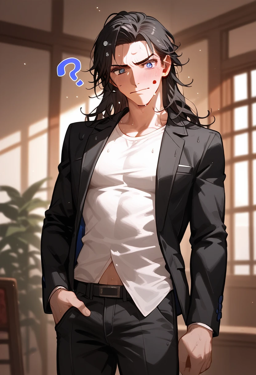 (masterpiece, High resolution, Super detailed:1.0), (1 male, Adult male, Soft and handsome face), Very high, the right amount of muscle, Detailed face, (black hair, medium long hair), (blue eyes, half-open eyes), (Wearing only a half-open white shirt, Black suit pants), (Slightly red cheeks, sweat, Confused and longing eyes, Seductive smile:1.3), (in the room)