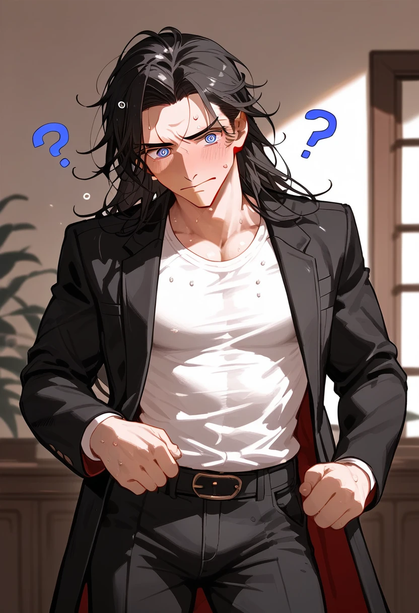 (masterpiece, High resolution, Super detailed:1.0), (1 male, Adult male, Soft and handsome face), Very high, the right amount of muscle, Detailed face, (black hair, medium long hair), (blue eyes, half-open eyes), (Wearing only a half-open white shirt, Black suit pants), (Slightly red cheeks, sweat, Confused and longing eyes, Seductive smile:1.3), (in the room)
