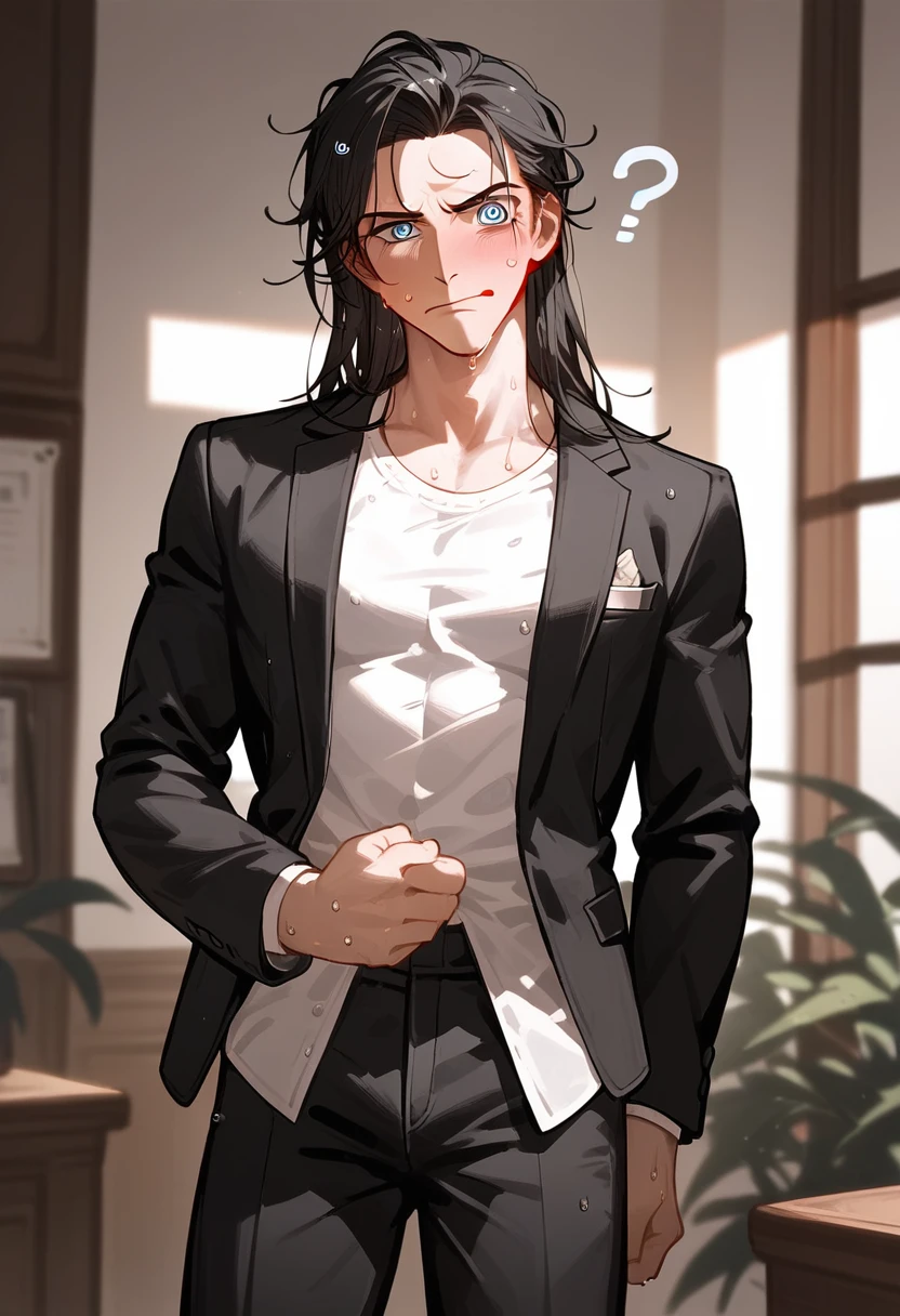 (masterpiece, High resolution, Super detailed:1.0), (1 male, Adult male, Soft and handsome face), Very high, the right amount of muscle, Detailed face, (black hair, medium long hair), (blue eyes, half-open eyes), (Wearing only a half-open white shirt, Black suit pants), (Slightly red cheeks, sweat, Confused and longing eyes, Seductive smile:1.3), (in the room)