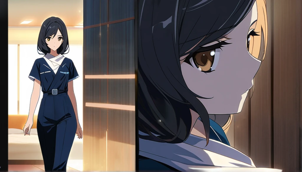 ((Anime Infinite Stratus Art, 8k, ultra full high definition, epic quality, epic texture)). The theme is sensuality.  The setting is a hospital room, very detailed.  There is a woman, her name is Regina, she is 51 years old, very short(tall:150cm), she has very long black hair, she has a beautiful face with some expression lines due to her age, light brown eyes, white skin, very thin, narrow chest, small breasts, very thin waist, narrow hips, small and round butt, slender legs, she works with hygiene, wears a very tight navy blue jumpsuit with short sleeves, she is wearing black hygiene boots, she is sensual and cheerful, she leaves men enchanted.  the atmosphere is calm and sensual.