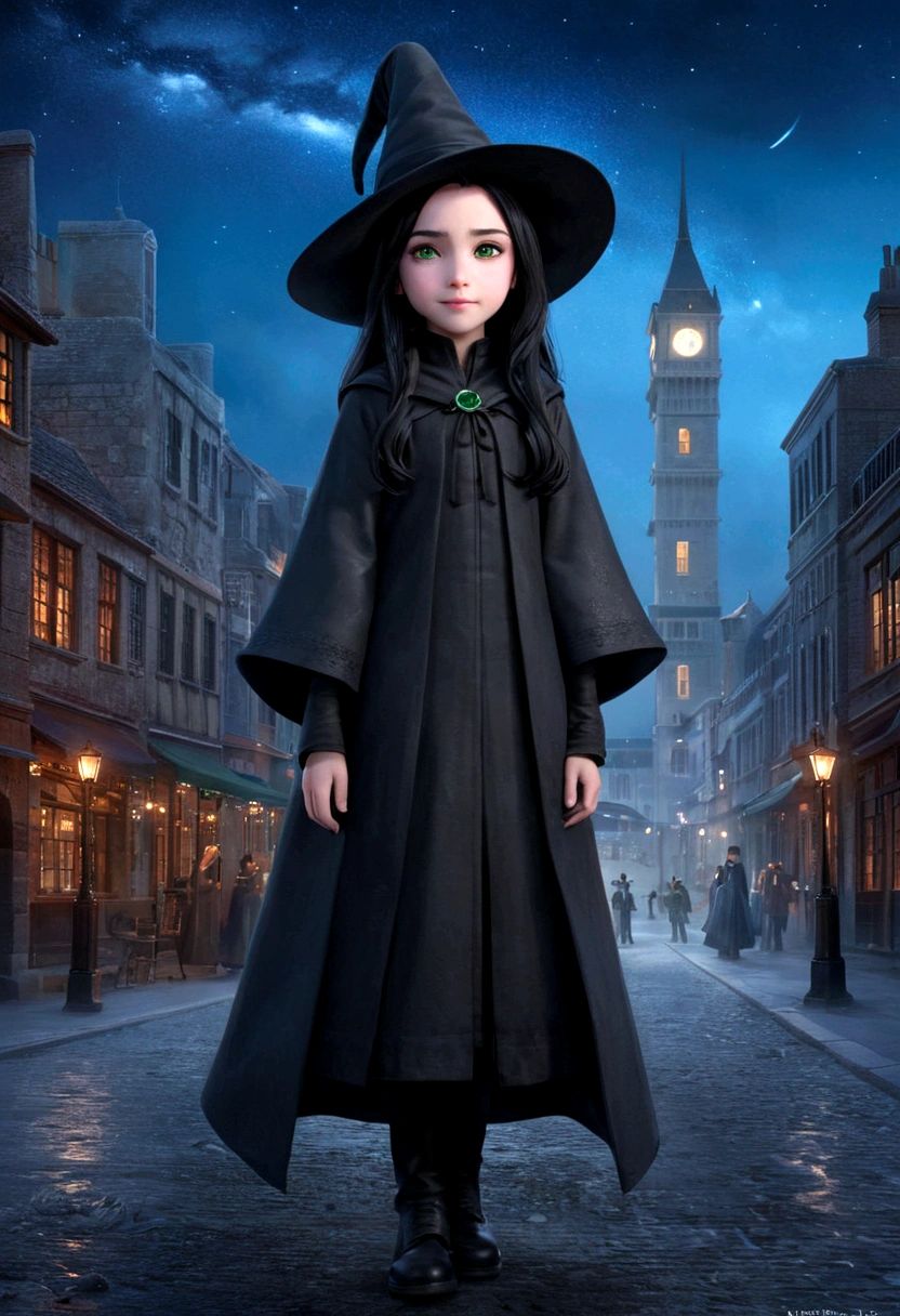 young 9-year-old daughter of severus snape,((highest quality)),(ultra high resolution),(Super detailed),(detailed description),((best CG)),(best work of art) , masterpiece, ultra quality, Beautiful detailed, extremely detailed,16K, young 9-year-old daughter of severus snape,((highest quality)),(ultra high resolution),(Super detailed),(detailed description),((best CG)),(best work of art) , exquisite, absurdity, highres, Beautiful background, Beautiful eye, Beautiful skin, anime style, one girl, solo, looking at viewer, gentle smile, full body of woman, black hair, long hair, slit eyes, green eyes, very long eyelashes, very long hair, glossy lips, closed mouth, expressionless, slender tall body, small breasts, BREAK Jet black fur dress, fur trim, long jet black fur hat, capelette, jet black footwear, BREAK night, star \(sky\), starry sky, space, SL train flying in the sky