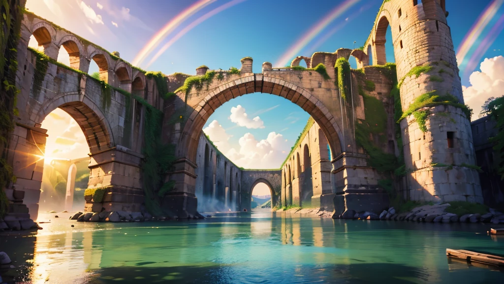 very beautiful long aqueduct, stretched along the horizon line, in rainbow rays, cartoon