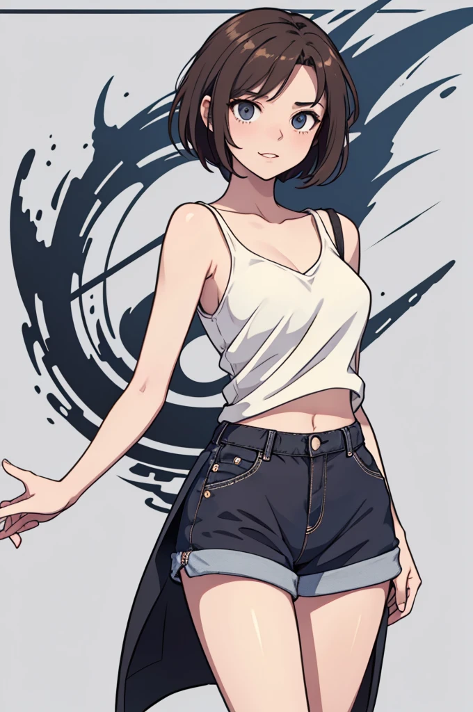 (((masterpiece, best quality, ultra highres, 1 girl, solo, no background))), super detailed skin and face and eyes and finger, beautiful japanese woman, small breasts:1.5, skinny, light brown hair, white background, very short pixie hair, Knee shot, Generate with illustrations, Various expressions, Various poses, Please draw the entire character within the frame, ensuring that the head, arms, and legs are not cut off. The background should be simple, with the character positioned centrally, outline, flat anime, 2d, laugh, boyish, camisole, shorts,