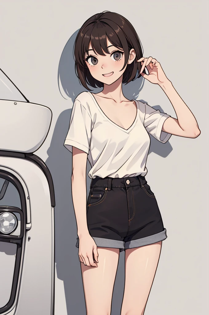 (((masterpiece, best quality, ultra highres, 1 girl, solo, no background))), super detailed skin and face and eyes and finger, beautiful japanese woman, small breasts:1.5, skinny, light brown hair, white background, very short pixie hair, Knee shot, Generate with illustrations, Various expressions, Various poses, Please draw the entire character within the frame, ensuring that the head, arms, and legs are not cut off. The background should be simple, with the character positioned centrally, outline, flat anime, 2d, laugh, boyish, camisole, shorts,