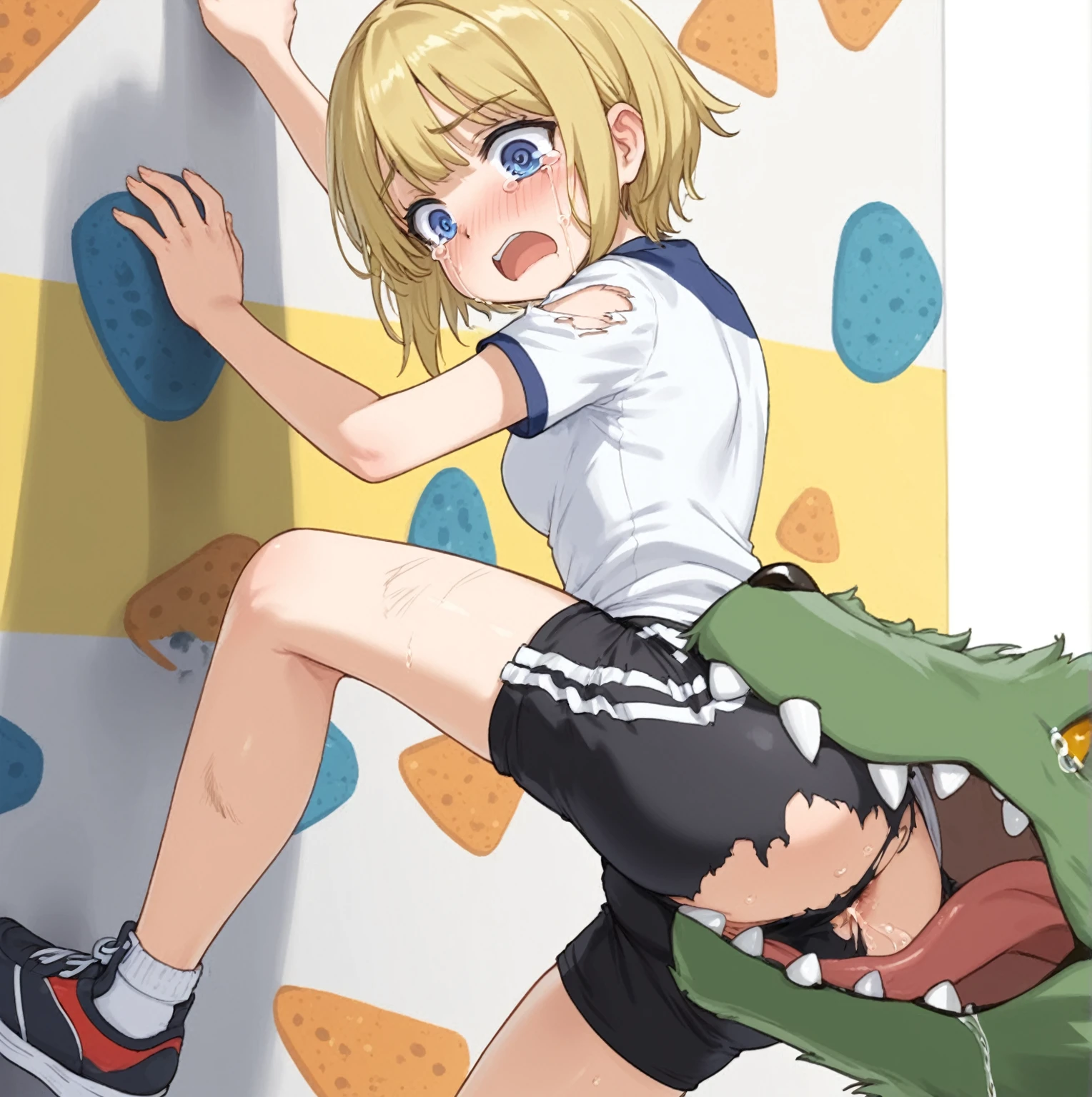 masterpiece, best quality, 1girl, chibi, climbing wall, blonde, blue eyes, crying, surprised, torn shorts, nude ass, (bitten in the ass by green wolf)
