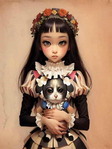Paper doll vintage clown harlequin !!!esao andrews!!!, clown girl, margaret keane style, goth clown girl, inspired by Esao Andrews, benjamin lacombe, mime, by Margaret Keane, art deco flower shaman, style of esao andrews, girl with a flower face, by Randy Vargas, inspired by Margaret Keane