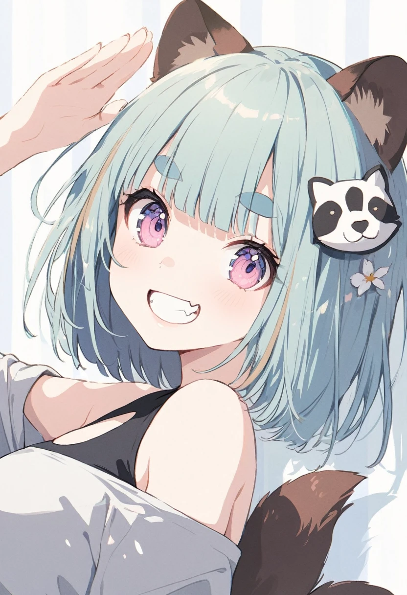 anime,(pale colors:1.8),long shot, 1girl, (on right:1.3), solo, cat mouth, dynamic angle, holding flower, salute, grin, smile, fang,  blue hair, bobcut, straight hair, racoon ears, racoon tail, (brown streaked hair:1.3), (blunt bangs) ,thick eyebrows, big breast, off shoulder clothes, racoon tattoo, cutout,flower hair ornament,  striped background, shadow, 