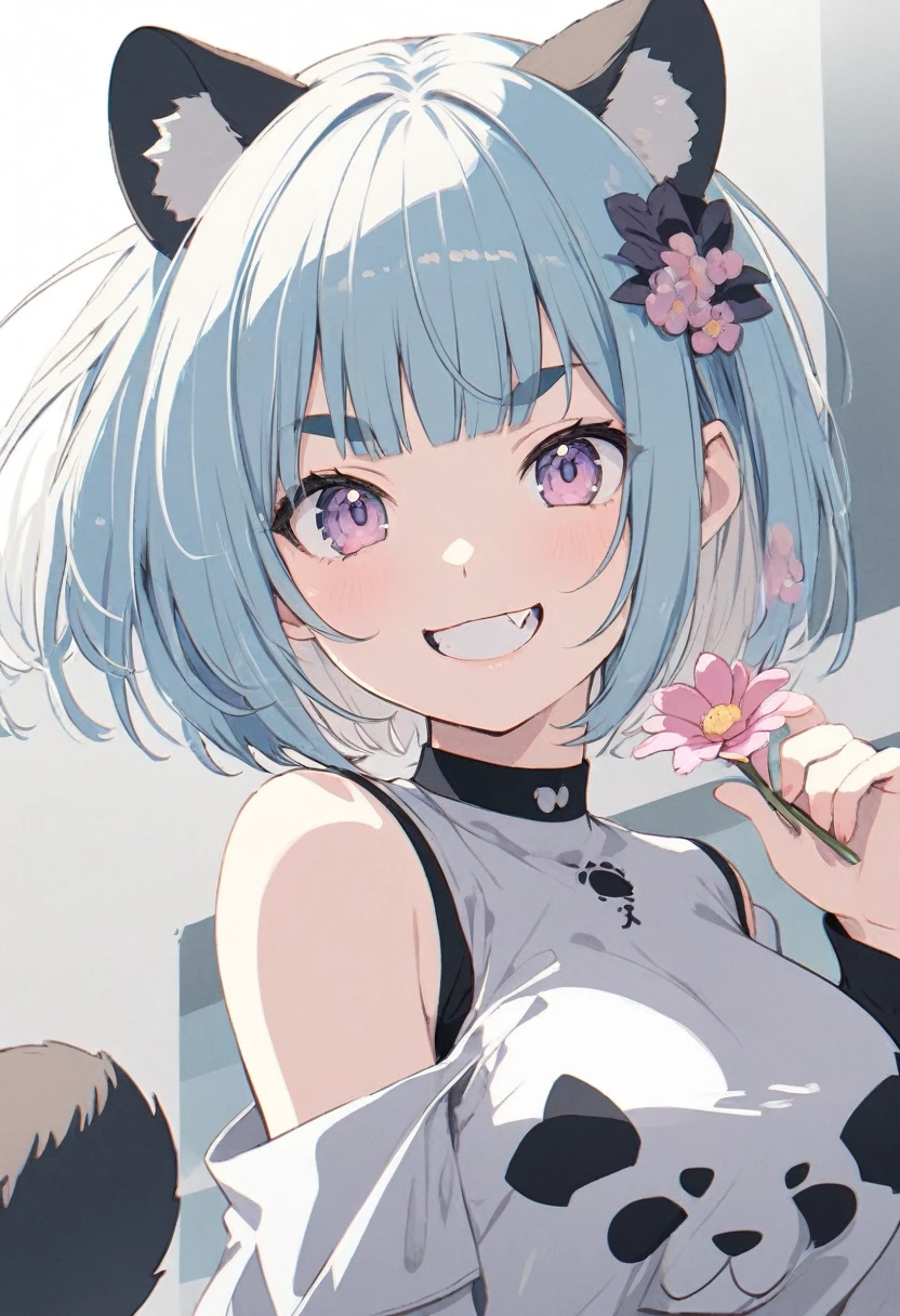 anime,(pale colors:1.8),long shot, 1girl, (on right:1.3), solo, cat mouth, dynamic angle, holding flower, salute, grin, smile, fang, blue hair, bobcut, straight hair, racoon ears, racoon tail, (brown streaked hair:1.3), (blunt bangs) ,thick eyebrows, big breast, off shoulder clothes, racoon tattoo, cutout,flower hair ornament, striped background, shadow,