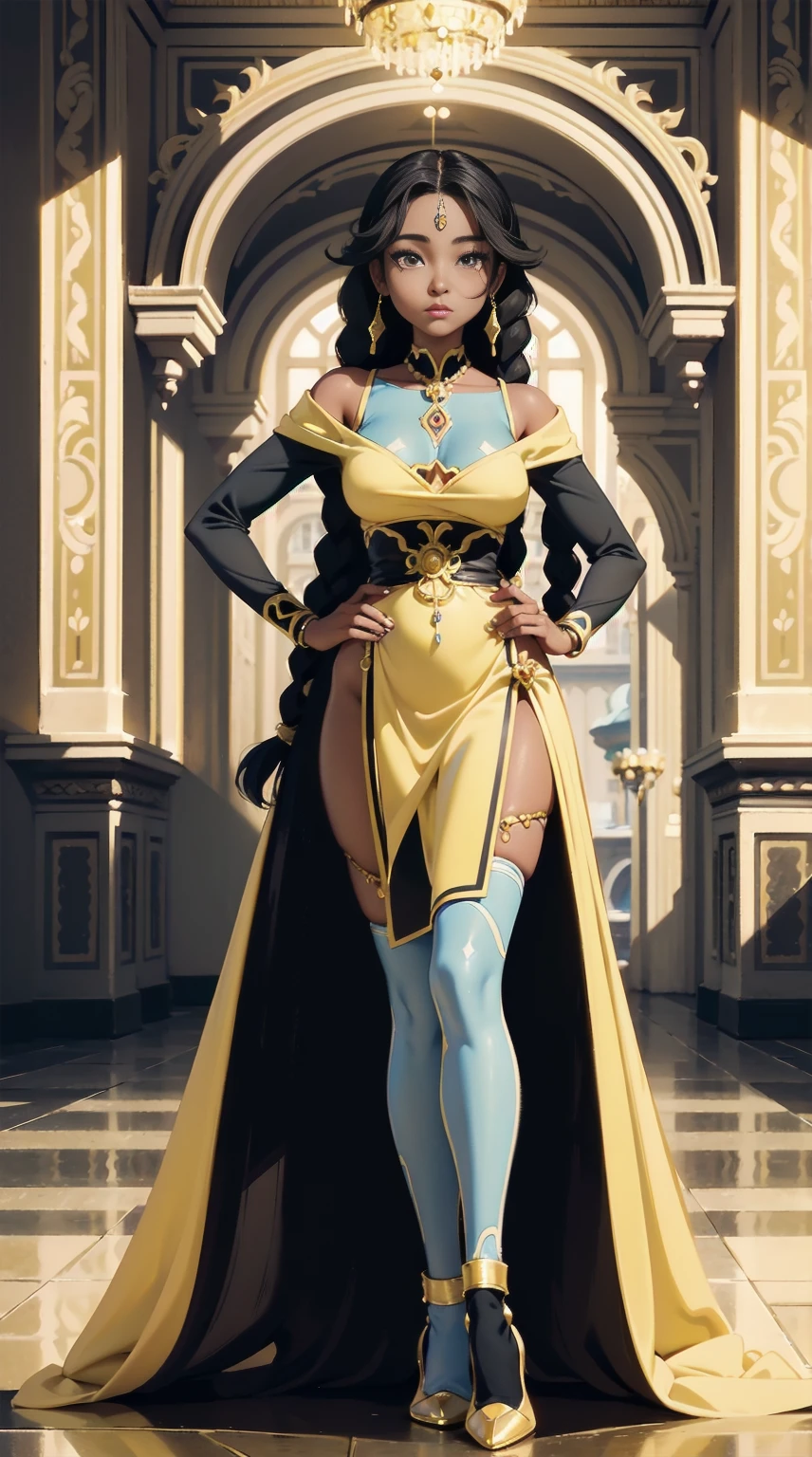 detailed cartoon, black young princess sisters with hair braids and almond shaped eyes, dark brown skin, full body wearing yellow princess dress, cartoon character, 8k, high quality, high resolution, 4k, hd,(well designed body), amazing body, (super detailed), beautiful eyes, cartoon,(gorgeous and luxurious palace:1.3),