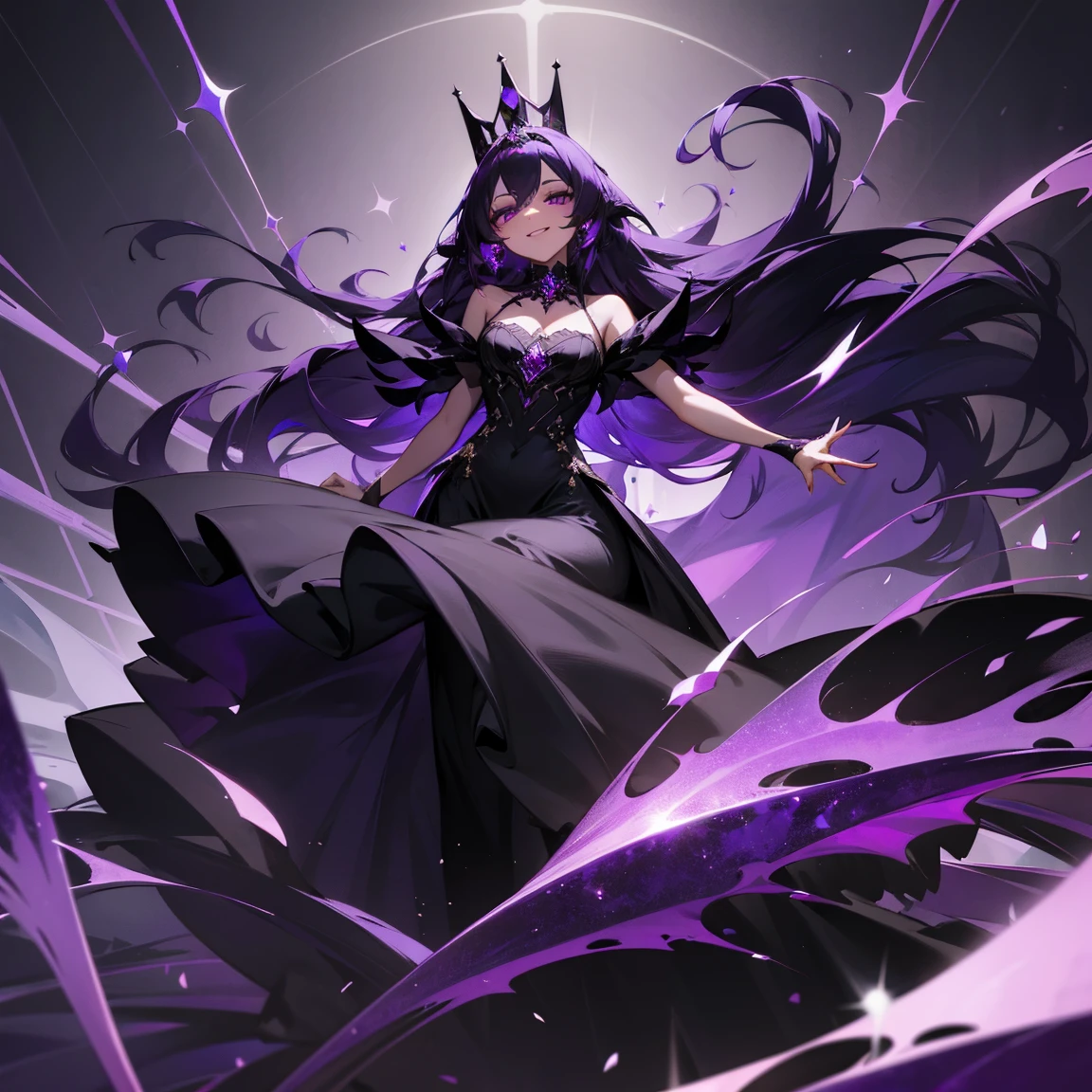 Beautiful and elegant girl,Black Purple Hair,Wearing long hair,Wearing a black crown,Charming deep purple eyes,black long dress,divine smile,Suspended purple crystal,k hd,Gray-purple background,wanting,ellegance,high qulity