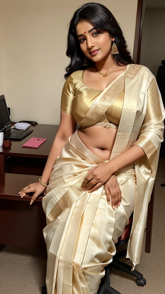 a beautiful South Indian 25 year old plus sized teacher (wearing cream colour silk saree and bra) in a office, affectionately sucking the dick of a 60 year old man, full body image