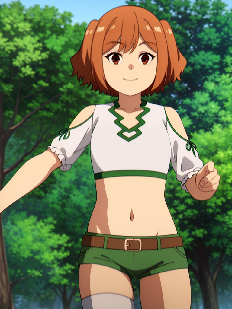 (8K, Highest quality, Highest quality, masterpiece), standing, 1girl, fullbody, solo, cowboy shot, (forest landscape), (summer sky), smile, Shorts, outdoors, leafs in the air

kanne, short hair, brown hair, twintails, (brown eyes:1.3), shirt, thighhighs, navel, bare shoulders, white shirt, short sleeves, midriff, belt, white thighhighs, crop top, clothing cutout, shoulder cutout, (green shorts)
