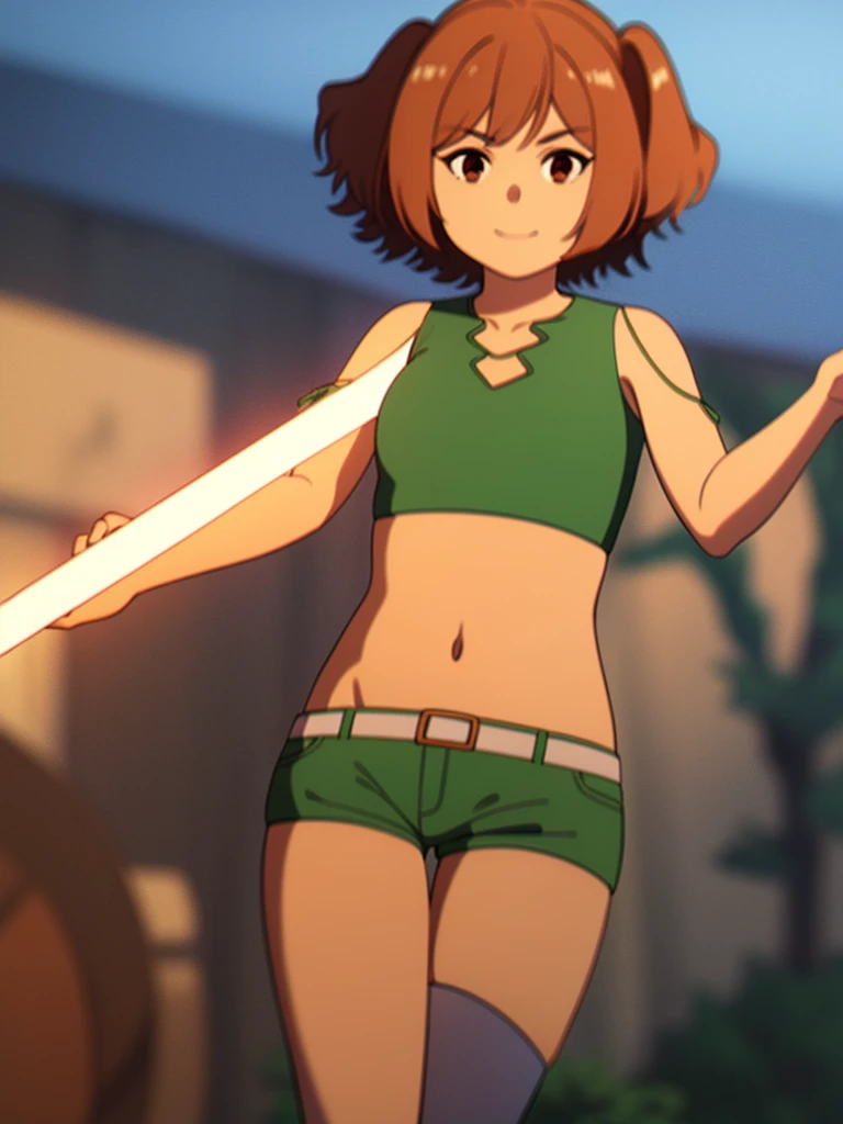 (8K, Highest quality, Highest quality, masterpiece), standing, 1girl, fullbody, solo, cowboy shot, (forest landscape), (summer sky), smile, Shorts, outdoors, leafs in the air

kanne, short hair, brown hair, twintails, (brown eyes:1.3), shirt, thighhighs, navel, bare shoulders, white shirt, short sleeves, midriff, belt, white thighhighs, crop top, clothing cutout, shoulder cutout, (green shorts)
