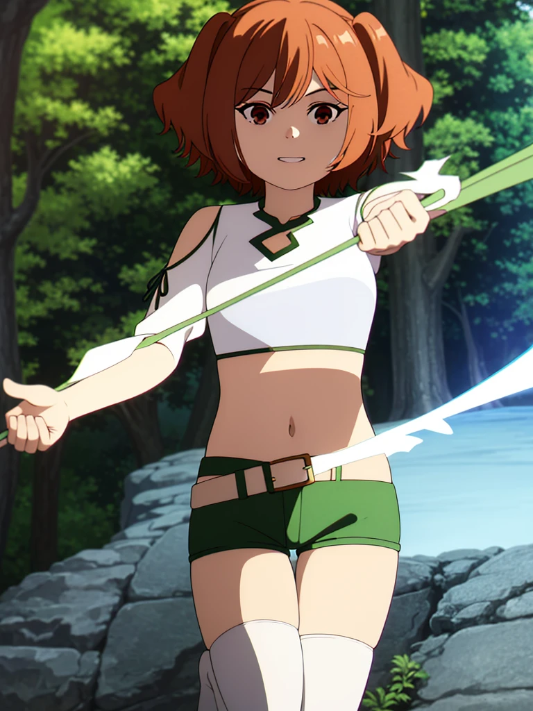 (8K, Highest quality, Highest quality, masterpiece), standing, 1girl, fullbody, solo, cowboy shot, (forest landscape), (summer sky), smile, Shorts, outdoors, leafs in the air

kanne, short hair, brown hair, twintails, (brown eyes:1.3), shirt, thighhighs, navel, bare shoulders, white shirt, short sleeves, midriff, belt, white thighhighs, crop top, clothing cutout, shoulder cutout, (green shorts)
