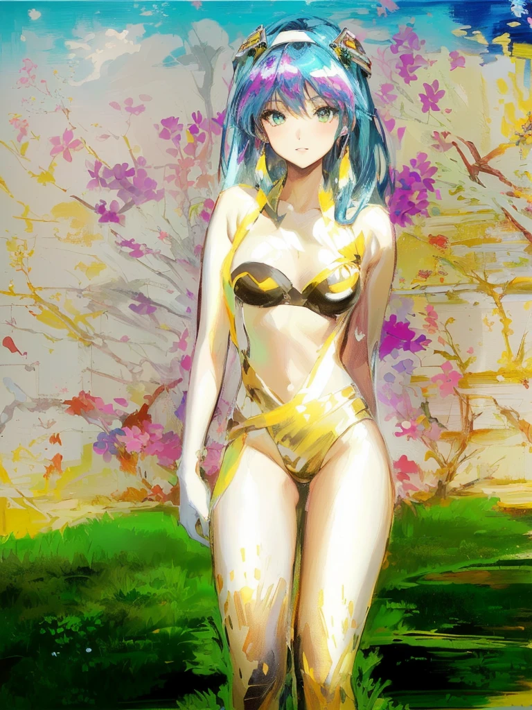 painting of a woman in a yellow bikini with a green headband, made with anime painter studio, painted in anime painter studio, anime character; full body art, juri misaki, anime woman fullbody art, urusei yatsura, monokini, ecchi, knights of zodiac girl, asuka suit under clothes!, miku, rei hiroe