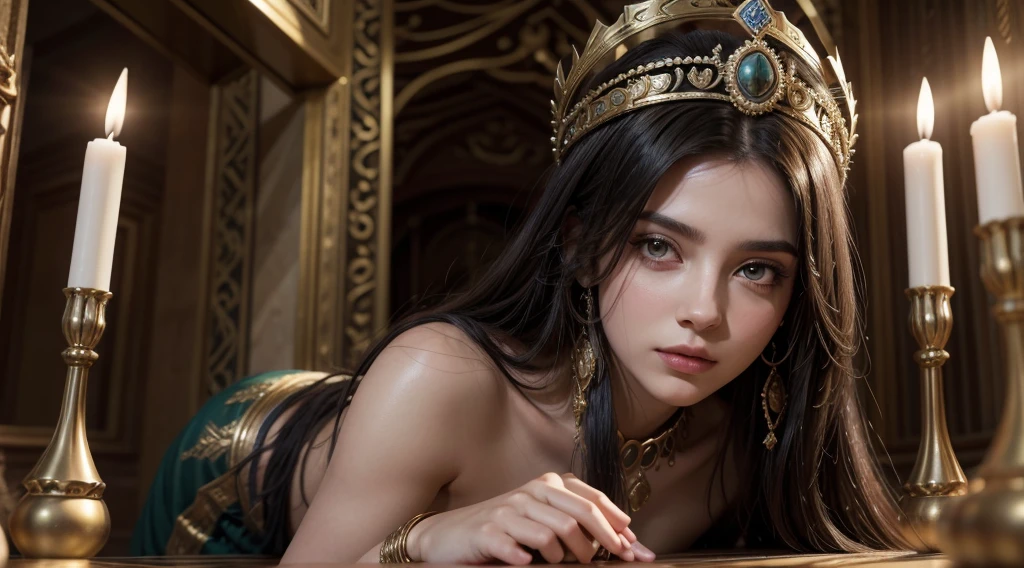 Create for me the image of the great queen Vashti of ancient Persia, about 25 years old, in her chambers with a thoughtful countenance. I want a high-definition, 8k image with no hand defects or smudges.