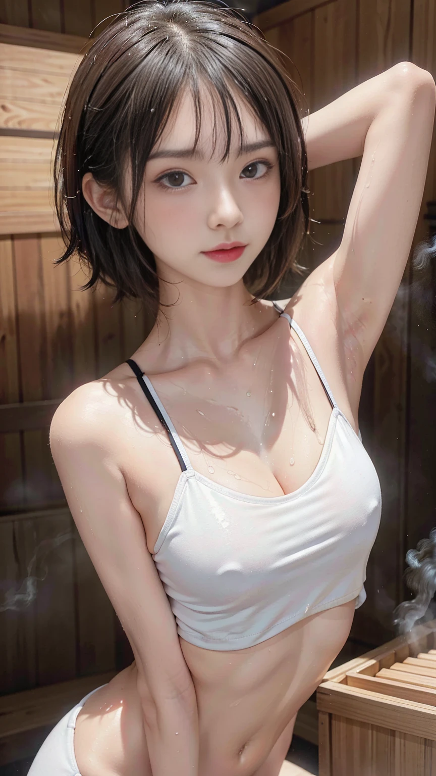 (Masterpiece,Highest quality,16K,raw photo,High resolution,high resolution),Cute face, Baby Face, Japanese Idols,nice, (Big Breasts),((naked)),(Small face),((Slender body)),((short hair,Black Hair)),((Sweating in the steam sauna)),Sweaty,((Sweat pours down)),((My face and body are sweaty and wet.)),((Plump lips with bright red lipstick)),((Eyes meet)),Duck mouth,((A look of contempt)),((Beautiful sweaty armpits)),((Beautiful girl showing her armpits)), Upward glance, Blushing,Embarrassed and sad expression,Sweatyで火照った顔, Small areola,