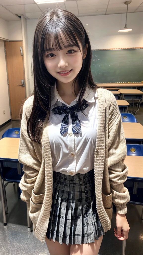((Highest quality、RAW Photos、、Best image quality))、(high school girl:1.5)、((Uniform white shirt、Ribbon on chest、Checkered Pleated Skirt))、The happiest smile、The best smile、Smiling with teeth showing、Look at me、(Short Bob)、The background is a school classroom、lipstick、Perfect Makeup、Accentuate your body lines、、(Accurate anatomy:1.3)、(Perfect Hair:1.2)、(exact cardigan:1.3)