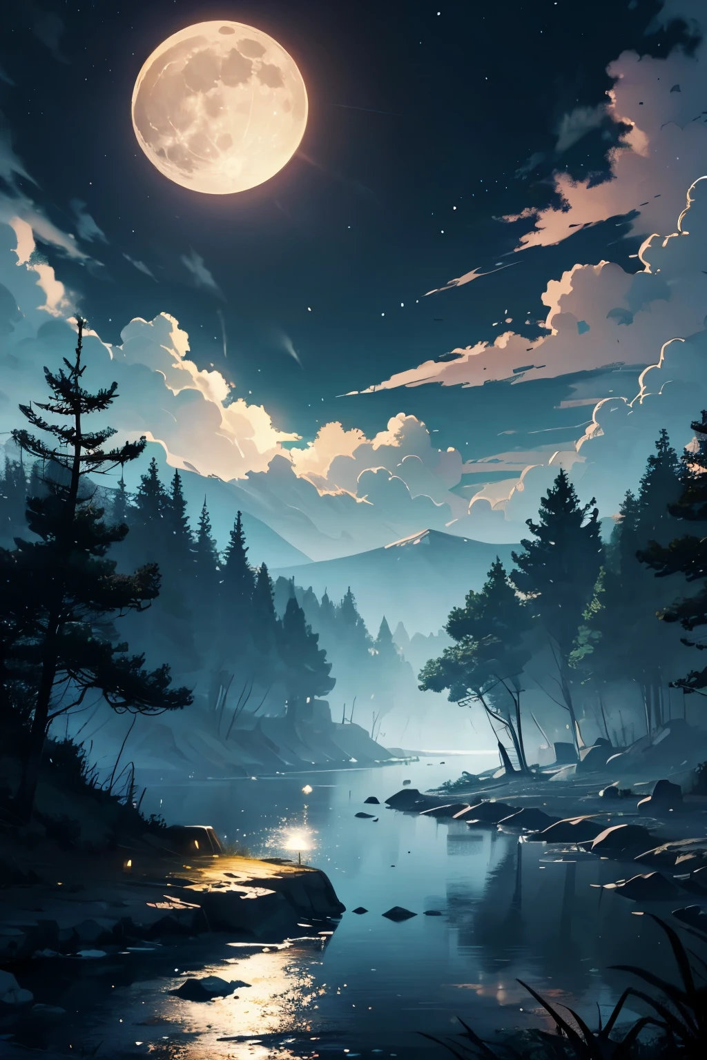 wood々The full moon peeking through the gap、Dark and mysterious atmosphere at night