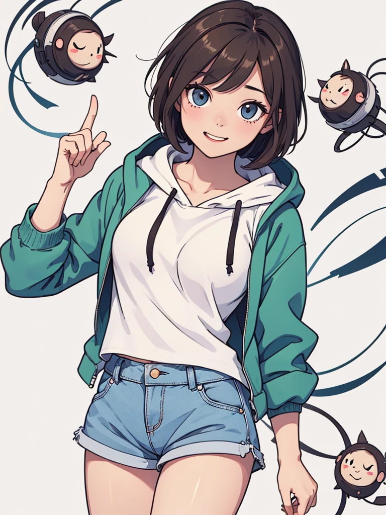 (((masterpiece, best quality, ultra highres, 1 girl, solo, no background))), super detailed skin and face and eyes and finger, beautiful japanese woman, small breasts:1.5, skinny, light brown hair, white background, very short pixie hair, Knee shot, Generate with illustrations, Various expressions, Various poses, Please draw the entire character within the frame, ensuring that the head, arms, and legs are not cut off. The background should be simple, with the character positioned centrally, outline, flat anime, 2d, laugh, boyish, hoodie, shorts,