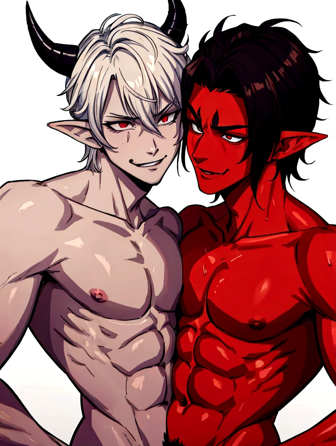2 sexy demon boys kissing, with horns and pointy ears flexing his sweaty body, shirtless, smirking