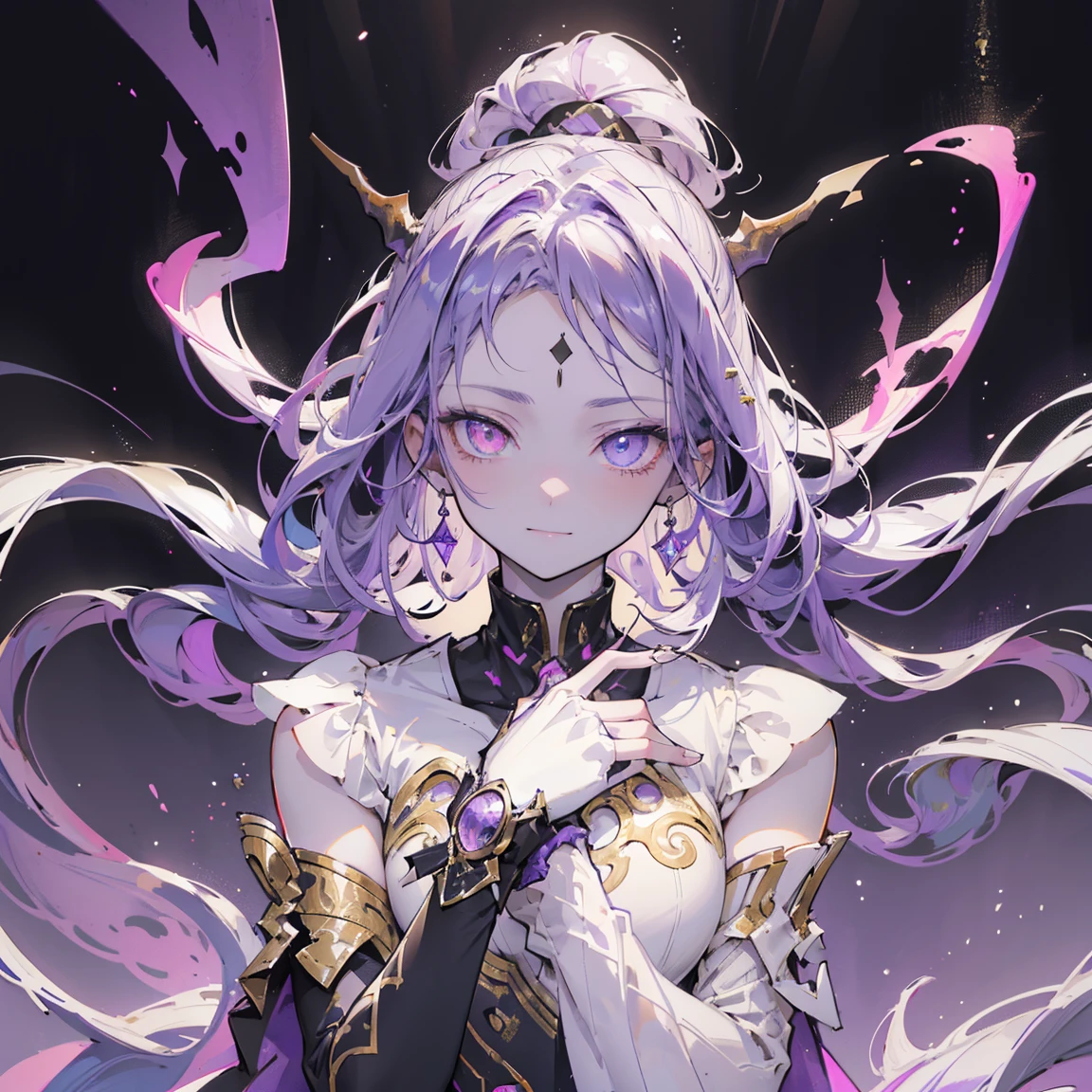 cheerful boy aristocrat open forehead. dark purple hair braided in a ponytail on the left side to one side. sinuous black horns wrapped in dark purple ribbon. pale violet eyes. in short dark purple shorts. long white T-shirt. dark purple knee-high socks. a white long robe with a hood flutters in the wind. black ancient stone walls of the castle purple light from lamps with gold ornaments, heterochromia, long curly hair, pale skin, I look at the viewer, closed mouth, bright smile, Beautiful, extremely detailed eye, Absolutely amazing art, extremely detailed, Digital art of the highest quality, full length, old piano, ancient walls of a stone castle