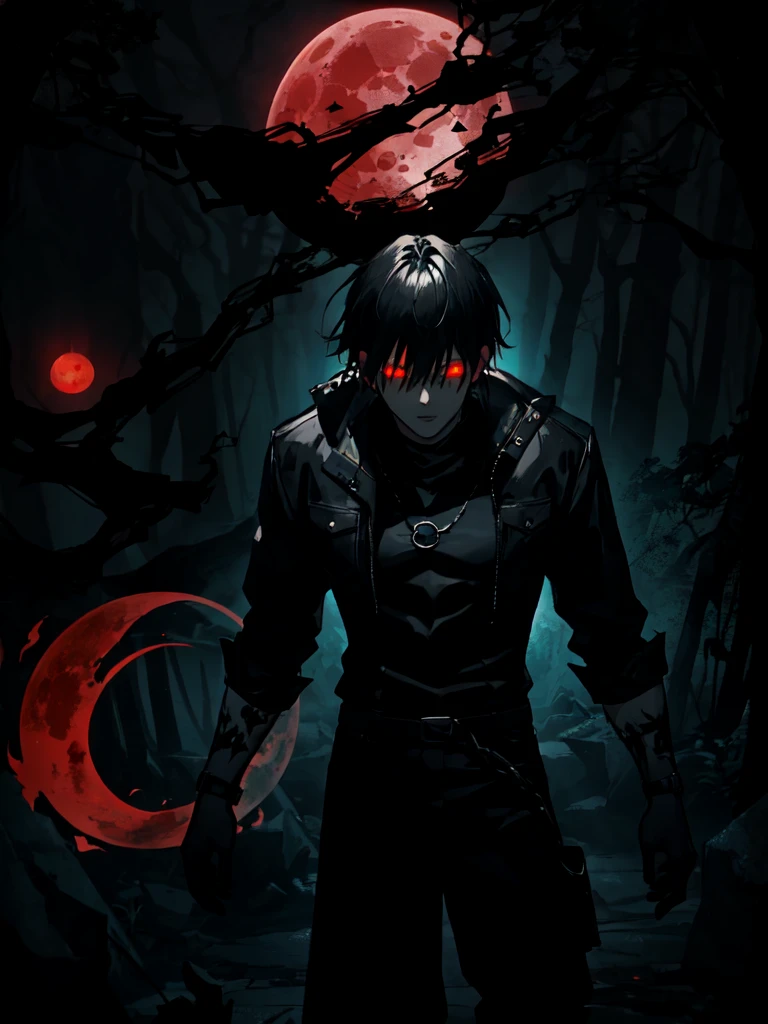 1boy, (Medium-length hair: 1.2), With a ponytail,male, Dark red eyes, (dark theme:1.3), (dark atmosphere:1.3), shadow figure, horror \(theme\), wild hair, glowing eyes, (red moon:1.2)