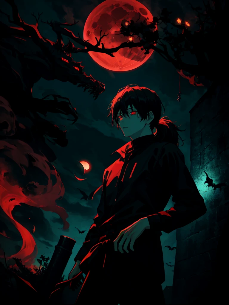 1boy, (Medium-length hair: 1.2), With a ponytail,male, Dark red eyes, (dark theme:1.3), (dark atmosphere:1.3), shadow figure, horror \(theme\), wild hair, glowing eyes, (red moon:1.2)