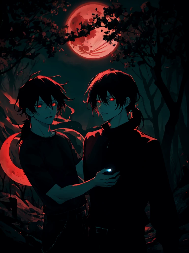 1boy, (Medium-length hair: 1.2), With a ponytail,male, Dark red eyes, (dark theme:1.3), (dark atmosphere:1.3), shadow figure, horror \(theme\), wild hair, glowing eyes, (red moon:1.2)