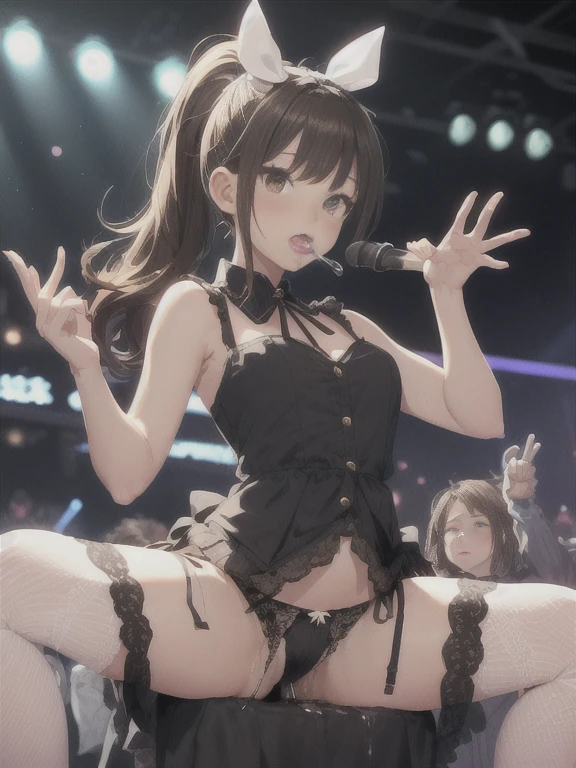 1 female、The exact number of fingers、Exact number of legs、Exact number of arms、bangs, Ribbon Ponytail, Brown Hair, (blush:1), (Put one hand in your panties:1.7), Fingering, (Pussy juice:1.2), Cum in mouth, (Woman holding microphone、I'm trying to sing:1.4)、White and navy idol costume、Navy blue corset、skirt, (Very luxurious and detailed underwear:1.2), Ribbon at collar., (Light blue lace panties:1.3), (Light blue lace bra:1.2), Sexy Underwear, Knee socks、 Beautiful big , (Erect nipples:0.95), skirtはめくれている、(Lift up your shirt:1), Highest quality, High resolution, (Fine and beautiful eyes:1.6), Highly detailed face, Perfect lighting, Highly detailed CG, (Perfect hands, Perfect Anatomy),Embarrassed expression、The expression of someone who is holding back from going to the toilet, (Sexual pleasure expression:1.4), (Anguished expression:1.2)、close your eyes、Sexy Looks、Examined、mouth half open、climax、(Live Stage、audience:1.3)