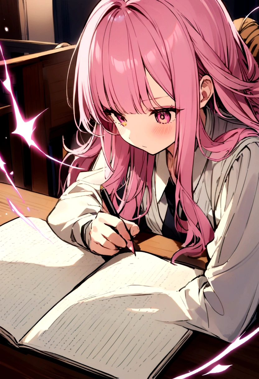 There&#39;s a lot of hair on the desk、Writing with a pencil、Court、Pink haired girl