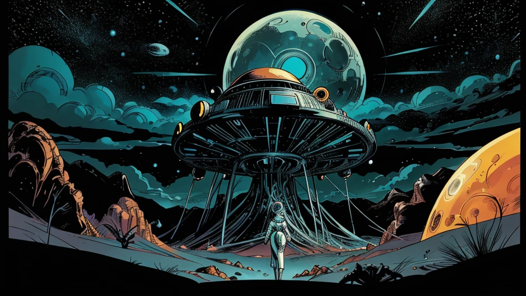 Create a dazzling alien world in the style of 1950s-70s comic book art. Use bold outlines, halftone patterns, and exaggerated perspective. Employ intense, saturated colors reminiscent of vintage four-color printing. Choose ONE of these elements:
-Bizarre, tentacled monsters with multiple eyes and otherworldly appendages - SUPER HOT SPACEGIRL
-A desolate, crater-filled landscape with twin moons in the sky
-Retro space girls in sleek silver suits and bubble helmets
Maintain a psychedelic, otherworldly atmosphere with swirling, colorful skies and strange celestial bodies. Emphasize the contrast between light and shadow to create a dramatic, pulp sci-fi feel.