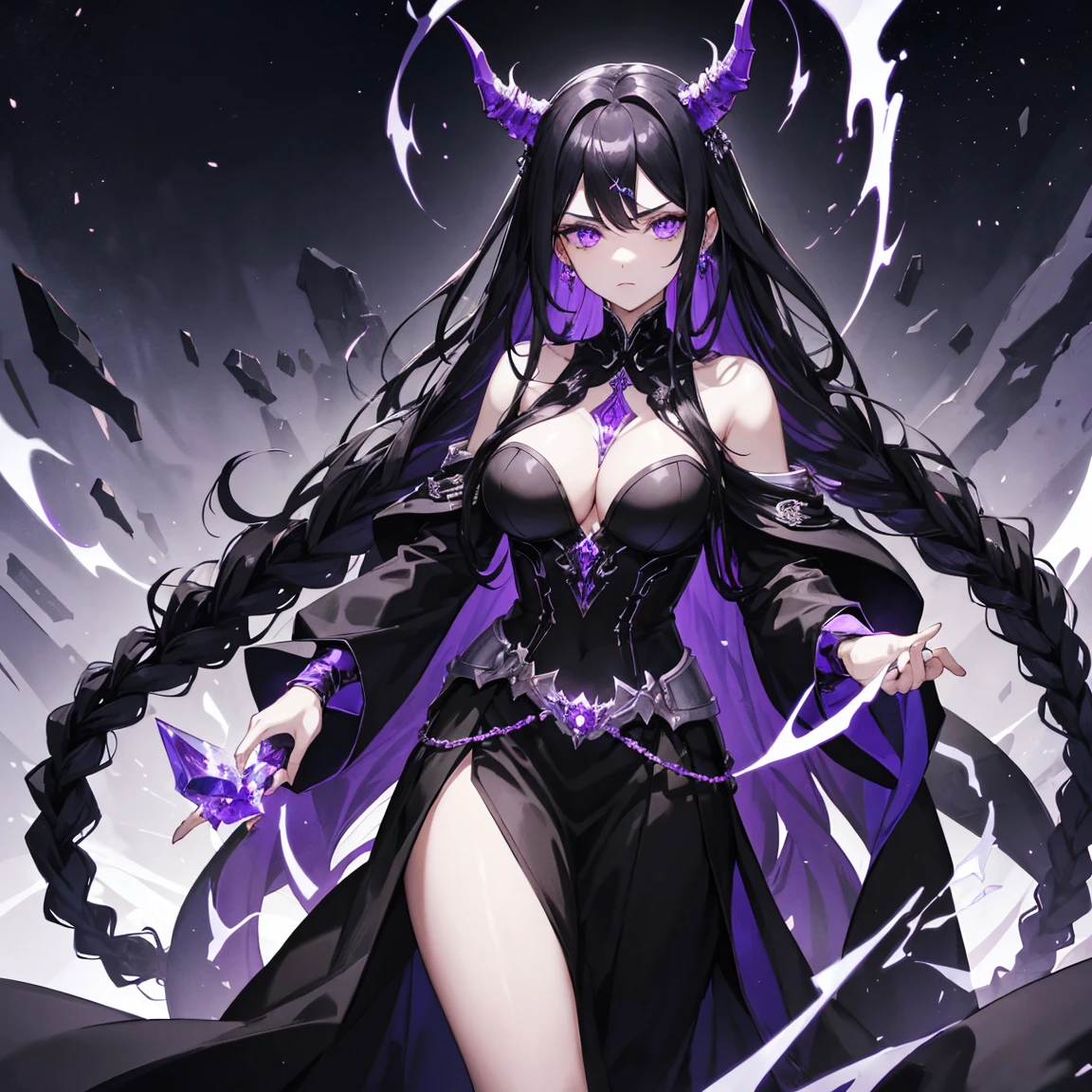 The goddess of destruction,harsh and cold,beautiful face,long braided hair,black hair,purple tip of the hair,powers,masterpiece, fully clothed, long skirt, black clothes, royal clothes, 24 years old, wearing black crown, galaxy, dark effect, darkness