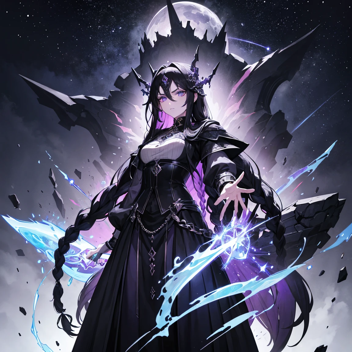 The goddess of destruction,harsh and cold,beautiful face,long braided hair,black hair,purple tip of the hair,powers,masterpiece, fully clothed, long skirt, black clothes, royal clothes, 24 years old, wearing black crown, galaxy, dark effect, darkness