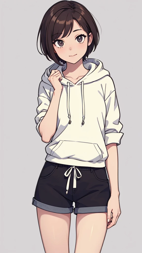 (((masterpiece, best quality, ultra highres, 1 girl, solo, no background))), super detailed skin and face and eyes and finger, beautiful japanese woman, small breasts:1.5, skinny, light brown hair, white background, very short pixie hair, Knee shot, Generate with illustrations, Various expressions, Various poses, Please draw the entire character within the frame, ensuring that the head, arms, and legs are not cut off. The background should be simple, with the character positioned centrally, outline, flat anime, 2d, laugh, boyish, hoodie, shorts,