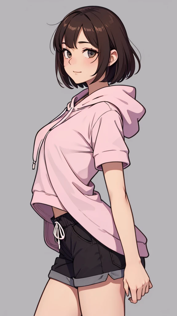 (((masterpiece, best quality, ultra highres, 1 girl, solo, no background))), super detailed skin and face and eyes and finger, beautiful japanese woman, small breasts:1.5, skinny, light brown hair, white background, very short pixie hair, Knee shot, Generate with illustrations, Various expressions, Various poses, Please draw the entire character within the frame, ensuring that the head, arms, and legs are not cut off. The background should be simple, with the character positioned centrally, outline, flat anime, 2d, laugh, boyish, hoodie, shorts,