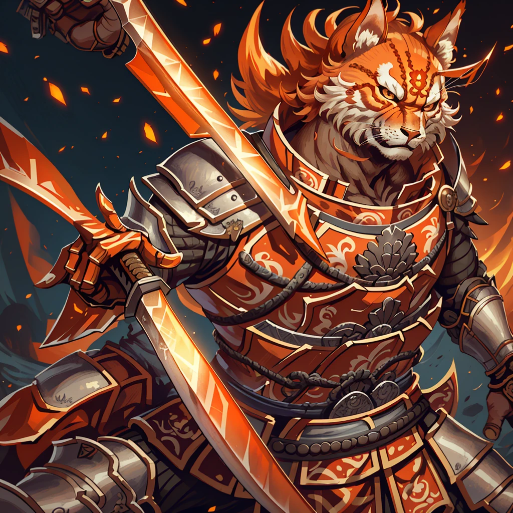 samurai warrior in orange battle armor, extremely detailed face and armor, muscular male figure, fierce facial expression, katana sword, Traditional Japanese landscape background, digital art, cinematic lighting, vibrant colors, intricate details, hyper realistic, 8K, cinematic lighting