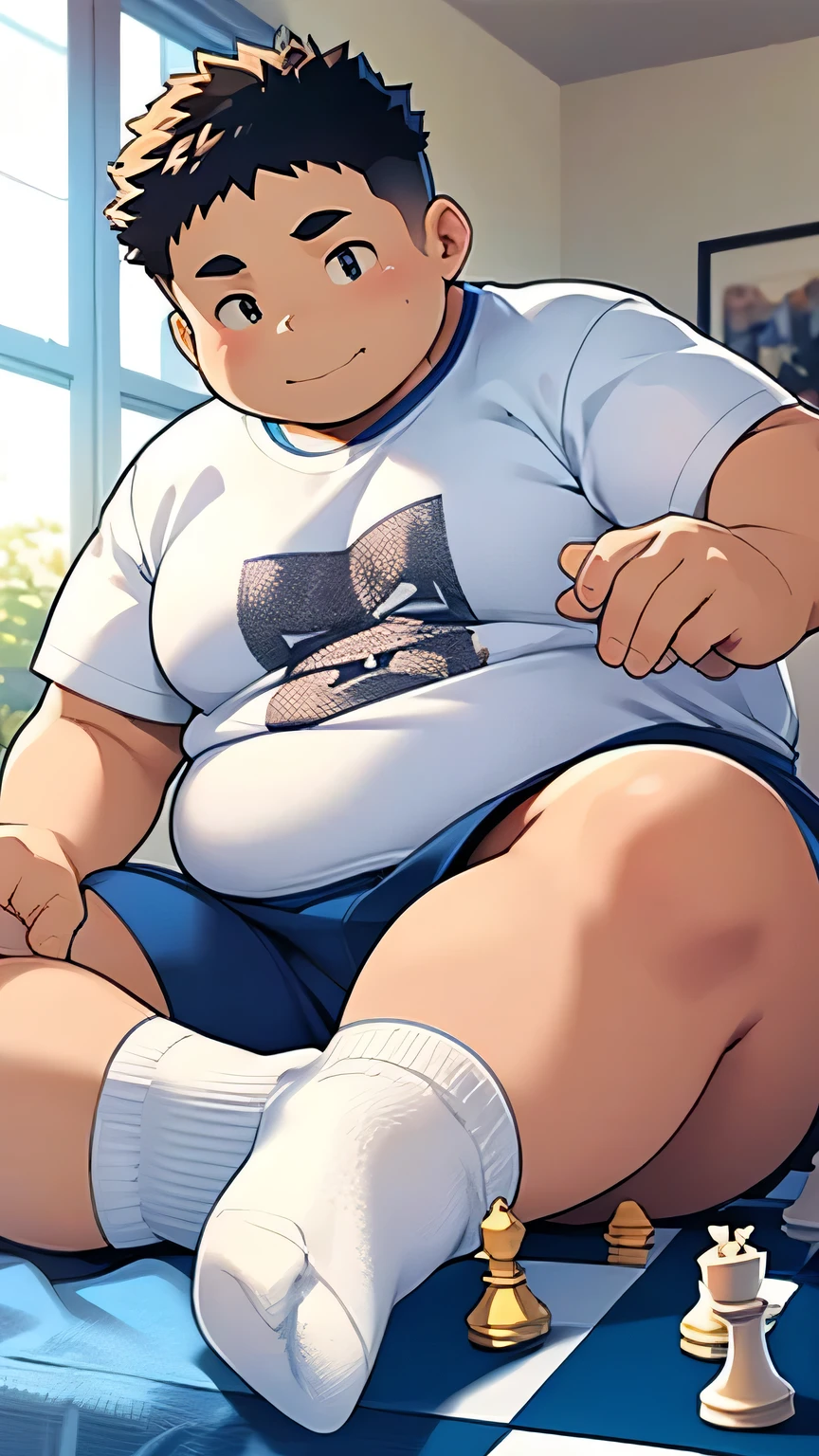 Fat boy sitting on bed and playing chess，，cute，t-shirt，shorts，White socks，Flying chess board，Six-sided dice，