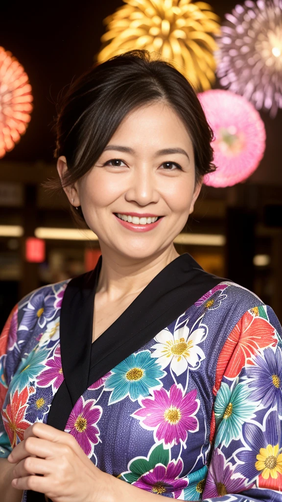 最high quality, 8K, Vibrant, Sharp focus, high quality, High resolution, Middle-aged women, Mature Woman, 55 years old, (Whole Body Ezbian), (High heels face detail, Highly detailed eyes, Plump figure、Plump face At midnight, an older woman in a colorful yukata with a low-cut neckline is radiating the best smile at a fireworks festival. She is surrounded by vibrant fireworks in the night sky, her yukata adorned with intricate patterns. The scene captures her joyous expression and the festive atmosphere, highlighting her elegance and the beauty of the fireworks. The image is highly detailed, with realistic textures and vivid colors, showcasing the lively spirit of the event and her captivating presence.