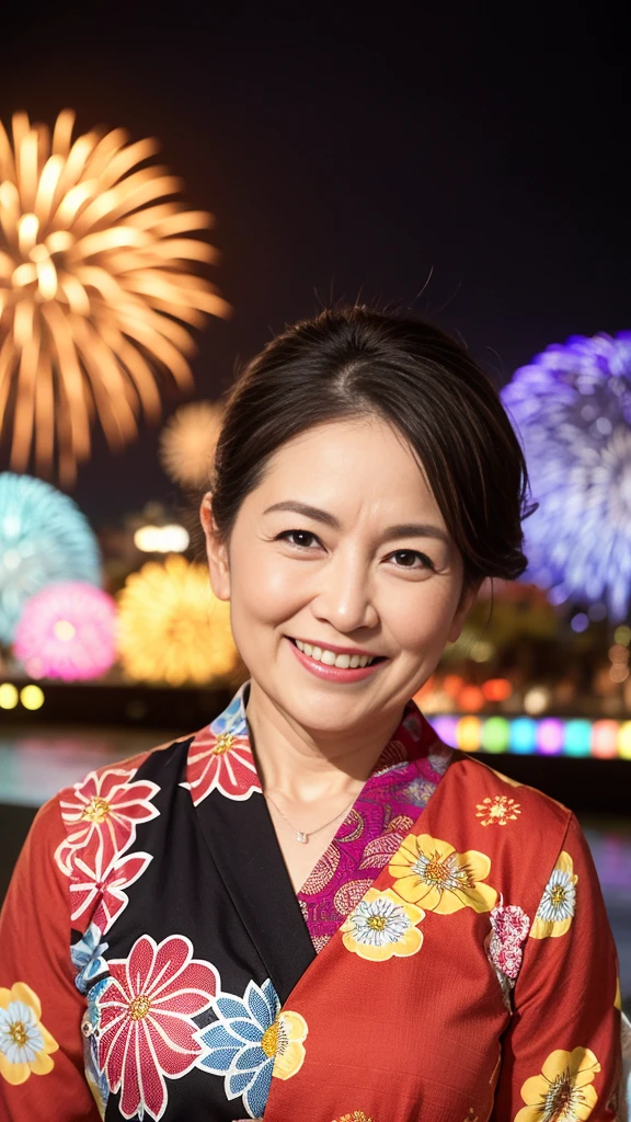 最high quality, 8K, Vibrant, Sharp focus, high quality, High resolution, Middle-aged women, Mature Woman, 55 years old, (Whole Body Ezbian), (High heels face detail, Highly detailed eyes, Plump figure、Plump face At midnight, an older woman in a colorful yukata with a low-cut neckline is radiating the best smile at a fireworks festival. She is surrounded by vibrant fireworks in the night sky, her yukata adorned with intricate patterns. The scene captures her joyous expression and the festive atmosphere, highlighting her elegance and the beauty of the fireworks. The image is highly detailed, with realistic textures and vivid colors, showcasing the lively spirit of the event and her captivating presence.