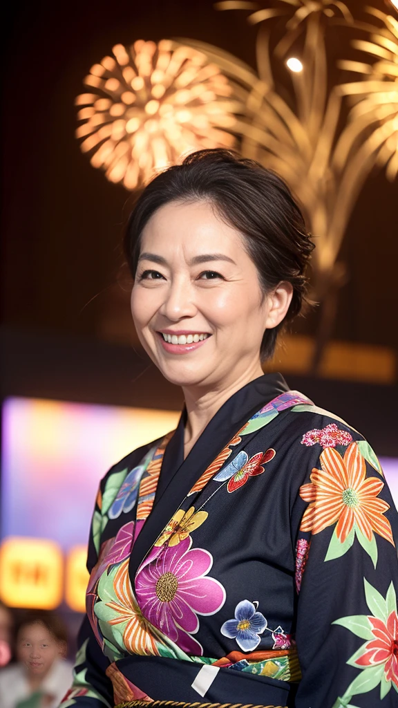 最high quality, 8K, Vibrant, Sharp focus, high quality, High resolution, Middle-aged women, Mature Woman, 55 years old, (Whole Body Ezbian), (High heels face detail, Highly detailed eyes, Plump figure、Plump face At midnight, an older woman in a colorful yukata with a low-cut neckline is radiating the best smile at a fireworks festival. She is surrounded by vibrant fireworks in the night sky, her yukata adorned with intricate patterns. The scene captures her joyous expression and the festive atmosphere, highlighting her elegance and the beauty of the fireworks. The image is highly detailed, with realistic textures and vivid colors, showcasing the lively spirit of the event and her captivating presence.