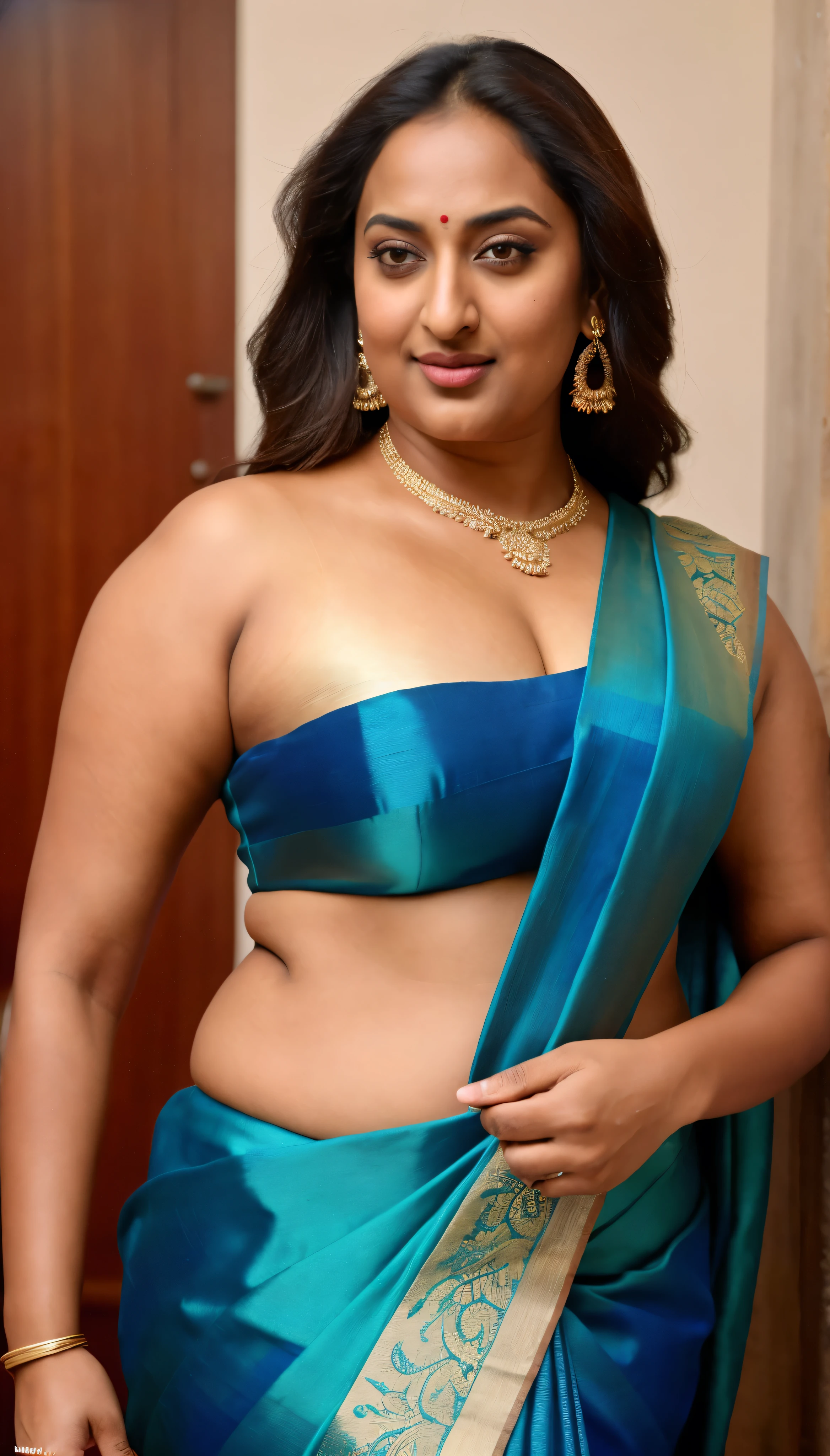 Foto RAW, photorealistic, photography, full body shot, 50 years old Woman, master shot, perfect eyes, goddess like beauty, pierced eyes, perfect thick chubby mallu Desi aunty bhabhi, Wearing a Stanapatta, a chest-band.Saree model, model Photography, Indian saree shoot, Indian traditional wear advertising photography, traditional wear brand shoot, face of Indian actress Sonakshi Sinha, masterpiece, realistic, realism, incredible details, pleasure, photorealism, detailed skin, skin pores, high contrast, photorealistic Artstation 8k HD digital art trend of high definition and detailed realistic skin texture, ultra detail, realistic skin texture, armature, best quality, ultra high definition, (photorealistic:1.4),, high resolution, detail, raw photo, sweat, Re sharp, by Lee Jefferies Nikon D850 Film Stock Photo 4 Kodak Portra 400 Camera F1.6 Lens Rich Color Ultra Real Realistic Realistic Textures Dramatic Lighting Unreal Engine Trending at Art Station Cinestill 800,(pele altamente detalhada: 1.2), 8k UHD, DSLR, soft-lighting, alta qualidade, grain of film, Fujifilm XT3,she didn't like to wear blouse or bra, she is happy to wear only saree, she hates blouse or bra, detailed hairy armpits, hyper realistic skin, skin pores, sweat, veins, short hairs on armpit, stubble armpits, hyper realistic hairy armpits,